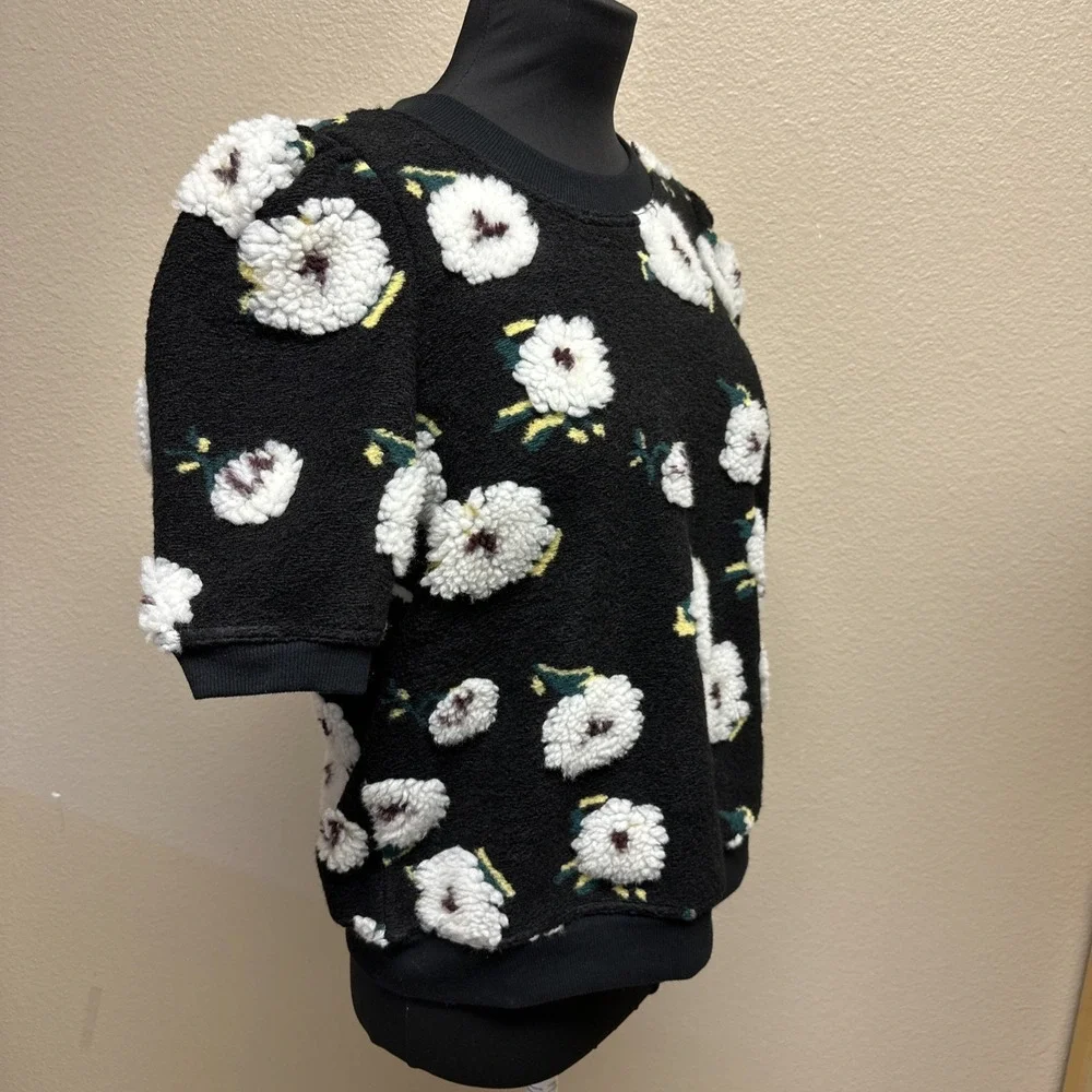 By Anthropologie NWT Medium Sherpa‎ Fleece Flowers Sweater Top Puff Sleeves